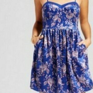 Royal Blue Floral Y2K Burn out velvet Floral Babydoll Boho Skater Dress XL